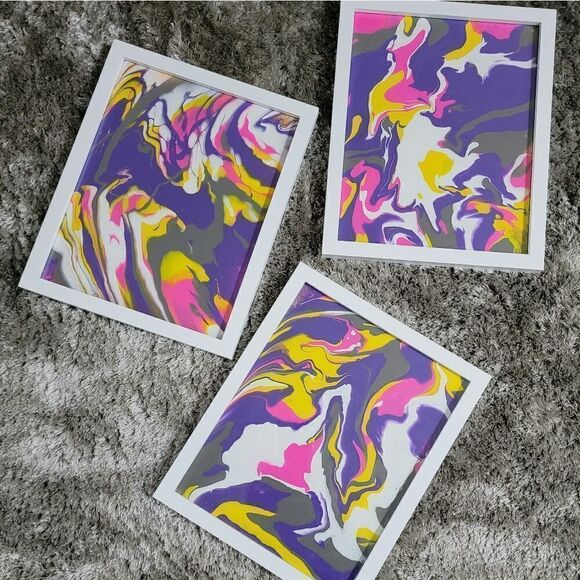 Handmade Pour Paintings - set of 3 Purple Pink Yellow White Silver 8x10